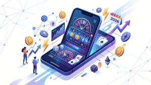 Современная иллюстрация смартфона с крипто-символами для обзора трендов мобильных крипто-казино 2026 года