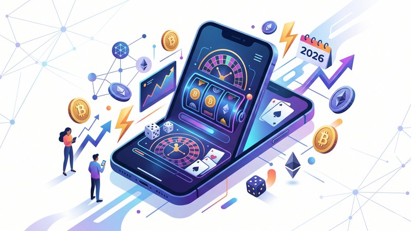 Современная иллюстрация смартфона с крипто-символами для обзора трендов мобильных крипто-казино 2026 года