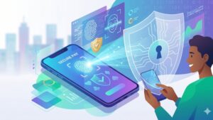 Иллюстрация биометрической защиты смартфона с отпечатком пальца для обзора мобильных казино приложений