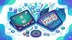 Современная иллюстрация складного смартфона с интерфейсом онлайн-казино для статьи об оптимизации мобильных приложений