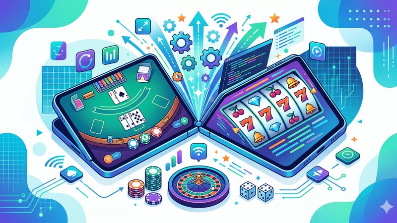 Современная иллюстрация складного смартфона с интерфейсом онлайн-казино для статьи об оптимизации мобильных приложений