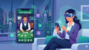Современная иллюстрация смартфона с живым дилером казино и символикой сети 5G для блога.